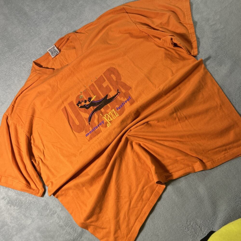 Y2K Vintage Usher 2001 Tour Shirt Mens XL Cygnus Monterey Jazz Fest Orange Retro